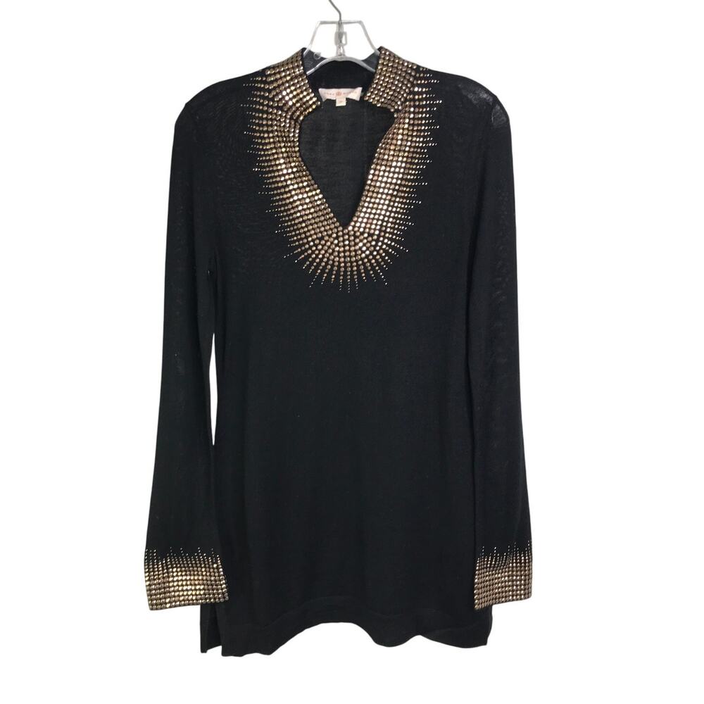 Tory Burch Tunic‎ Top Womens Sz XS 41133628 Black Gold Detail V-neck Long Sleeve